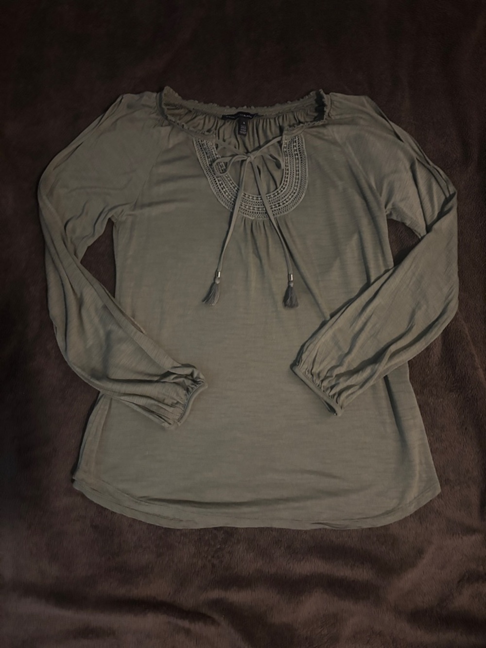 White House Black Market Olive Green Peasant Top with Tassel Tie